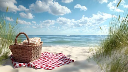 A picnic basket with a checkered blanket spread out on a beach, with the ocean in the background