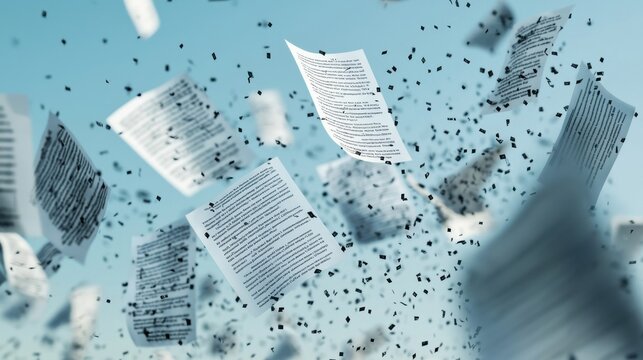 Falling Resume Pages: Resumes and CVs float down from the sky, turning into dust as they fall, symbolizing the devaluation of workers and the difficulty of finding employment during a recession