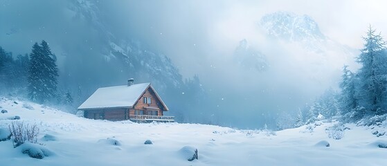 Snowstorm engulfing a rustic mountain cabin nestled in a remote snow covered forest landscape  Harsh winter weather creates a harsh yet picturesque scene with heavy snowfall icy trees and a serene