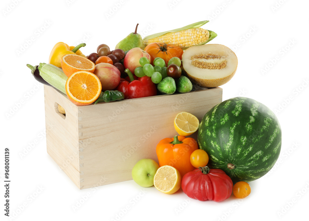 Sticker Different fresh fruits and vegetables in wooden crate isolated on white