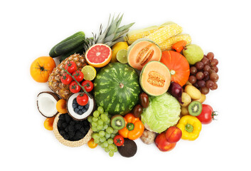 Different fresh vegetables and fruits isolated on white, top view