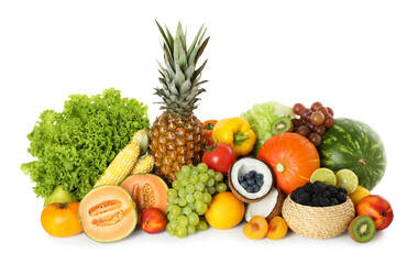 Different fresh vegetables and fruits isolated on white
