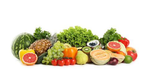 Different fresh vegetables and fruits isolated on white