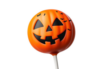 Halloween-themed lollipop with a carved pumpkin face design and bats. Perfect for spooky holiday celebrations and trick-or-treat events. isolated PNG transparent background. 