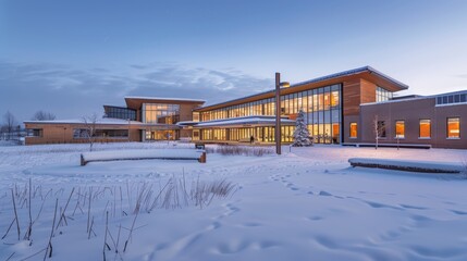 Naklejka premium Modern Eco-Friendly School with Energy Efficient Design in a Cold Climate Setting
