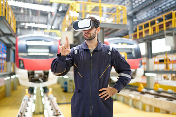 Engineer or technician wearing virtual reality glasses(VR) at train station construction site