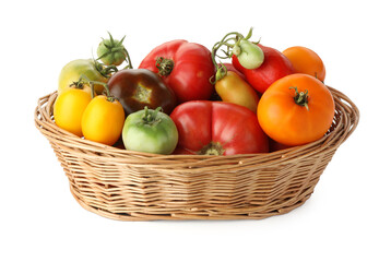 Different ripe tomatoes in basket isolated on white