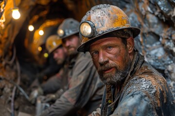 Obraz premium Men wearing helmets and helmets in a mine, miners working underground