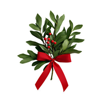 Festive holiday arrangement with green leaves, red berries, and a bright red ribbon, perfect for Christmas decorations and seasonal celebrations. isolated PNG transparent background. 