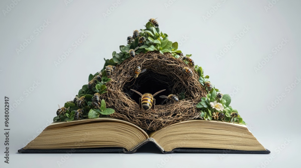 Wall mural create a pyramid-shaped book, where inside there is a bee nest,2d.