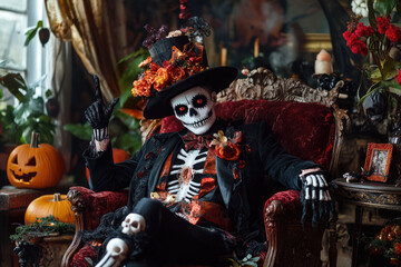 Costume for Halloween or day of the dead. The scary character of their horror. A skeleton man with a white face and flowers on his head, pumpkins are lying next to him