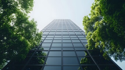 A Tall Modern Building Reflected in Lush Green Trees