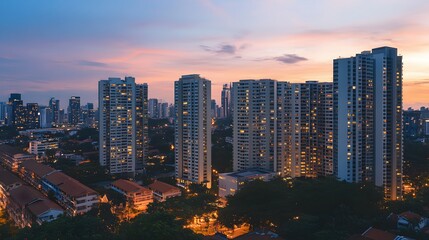 Obraz premium Skyscrapers and Low-Rise Buildings at Dusk in a City