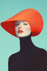 Fashion magazine concept. Portrait of beautiful female model wearing designer clothing, hat and...