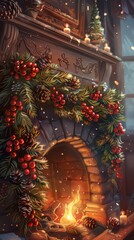 Obraz premium This beautiful Christmas garland illustration features evergreen branches, red berries, and pine cones elegantly draped over a fireplace mantel, perfect for traditional holiday decor