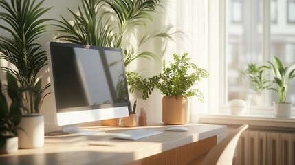 A bright, serene home office with a computer and lush indoor plants in morning sunlight