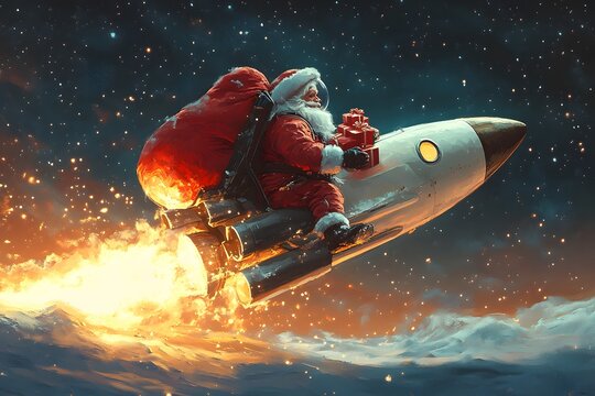 Santa Flying on Rocket 