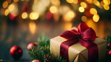 Christmas decoration with green fir tree, red ball, gold ornament, and gift box for holiday celebration