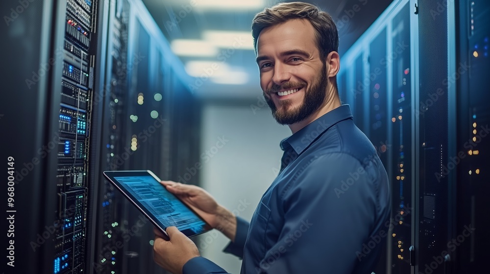 Poster it technician monitoring server performance in a data center during evening hours while smiling and 