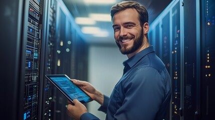 IT technician monitoring server performance in a data center during evening hours while smiling and using a tablet