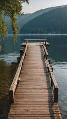A crystal-clear lake with an empty illuminated pier stretching out into the water.