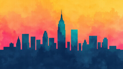 Obraz premium A vibrant silhouette of a city skyline at sunset, blending warm colors with cool tones for an artistic, dramatic effect.