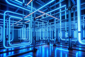 Fototapeta premium Glowing blue neon lights installation in dark industrial space