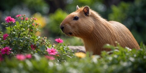 Fototapeta premium Capybara enjoying greens in a colorful garden.