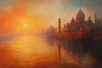 Fototapeta premium 3d illustration of Ancient Varanasi city architecture at sunset with view of sadhu baba enjoying a boat ride on river Ganges. India