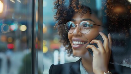 Beautiful young businesswoman engaging in a productive conversation, copy space her smartphone in an office, smiling and looking outside her window. demonstrating strong communication skills