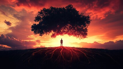 image of a figure beneath a tree with roots, symbolizing self-discovery and personal growth in psychology concept banner