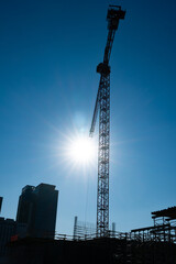 The tower crane. Industrial equipment against construction buildings. Tower Cranes. Construction site. Construction of Skyscrapers. Tower Crane on formworks. Crane and building construction.