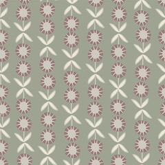 Neutral daisy flower vector seamless pattern background. Geometrical vertical floral backdrop with flowers and thin stripes Botanical repeat for garden, gender neutral baby.Farmhouse scandi style