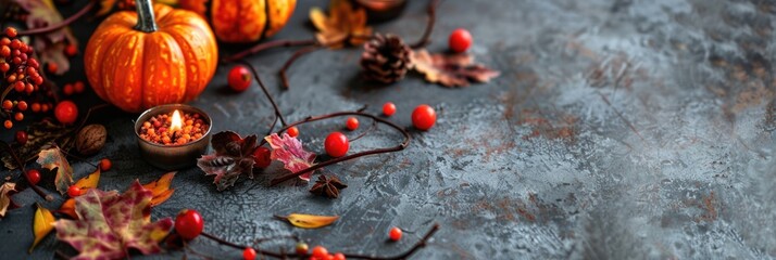 horizontal banner, All Saints' Day, Day of the dead, cozy autumn background, candles, pumpkins and fallen leaves on a gray background, copy space, free space for text