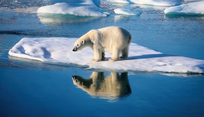 Naklejka premium Solitary Polar Bear on a Melting Ice Floe in the Arctic, Reflecting in Calm Blue Waters, Highlighting Climate Change and Habitat Loss in a Pristine and Fragile Environment
