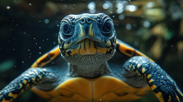 A closeup amazon river turtle with wide eyes swimming underwater, morning light