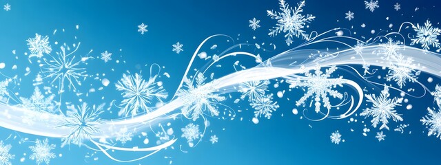 Abstract background with snowflakes and swirls on a blue color palette, vector illustration