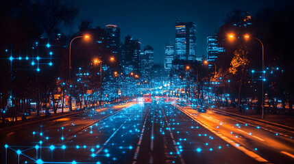 Obraz premium A stunning nighttime cityscape showcasing a vibrant road illuminated by lights and digital elements, blending technology and urban life.