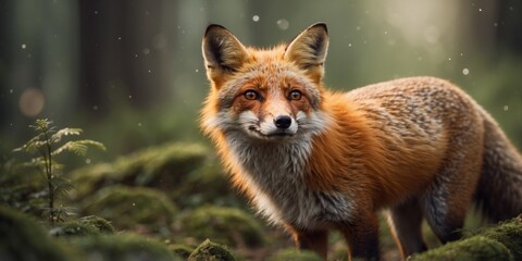 Naklejka premium Cute animated fox in a lush forest landscape.