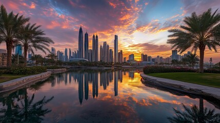 Obraz premium Dubai, UAE, February 16, 2022 Sheikh Zayed Road Towers in a beautiful sunset with Emirates Twin towers and Museum of The Future .generative ai