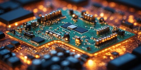 Obraz premium Advanced Circuit Board Hosting Microchip and Electronic Components Signifying Technological Evolution in Computing and Data Processing.