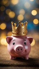 A piggy bank money box wearing a gold crown.