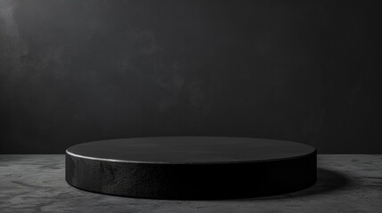Dark podium on a black backdrop for displaying products with blank space.