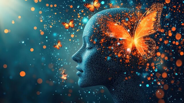 Metamorphosis of Mind: A figure of a human head that starts as a rigid block but gradually transforms into a glowing butterfly, symbolizing intellectual and emotional growth through change