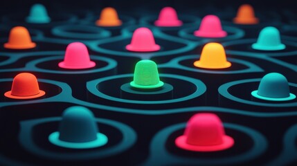 Mind Maze of Six Hats: A complex labyrinth made of geometric lines and shapes, with six hats located at key points within the maze