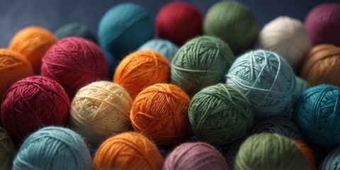 colorful yarn balls for knitting on blue background with copy space.