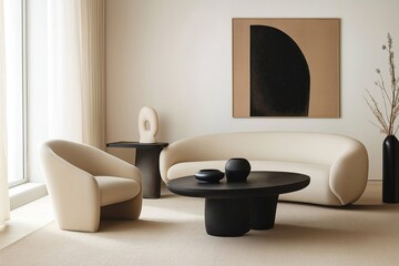 Modern interior design of a living room with a curved sofa, armchair, and black coffee table on a beige carpet against a white wall background. An art deco abstract poster. 