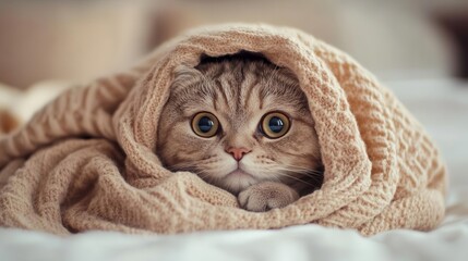 adorable sick cat wrapped in a cozy blanket looking pitiful with big eyes soft warm lighting and muted colors create a sympathetic and comforting atmosphere