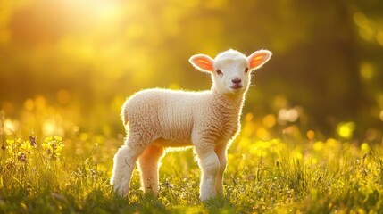 Naklejka premium adorable young lamb with fluffy white wool innocent expression and soft features standing in lush green meadow under warm sunlight