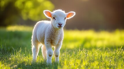 Obraz premium adorable young lamb with fluffy white wool standing in lush green meadow soft sunlight highlights its innocent expression and curious eyes